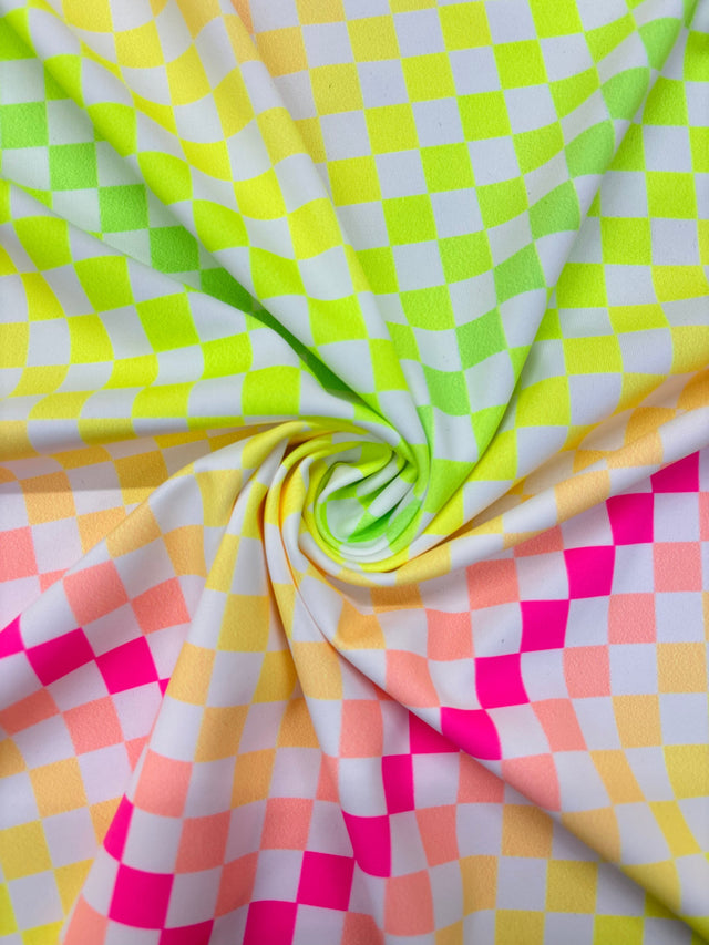 Neon Rainbow Checkered Polyester Spandex Fabric - Neon Rainbow Checkered, 58"/60" Width (1 Yard)