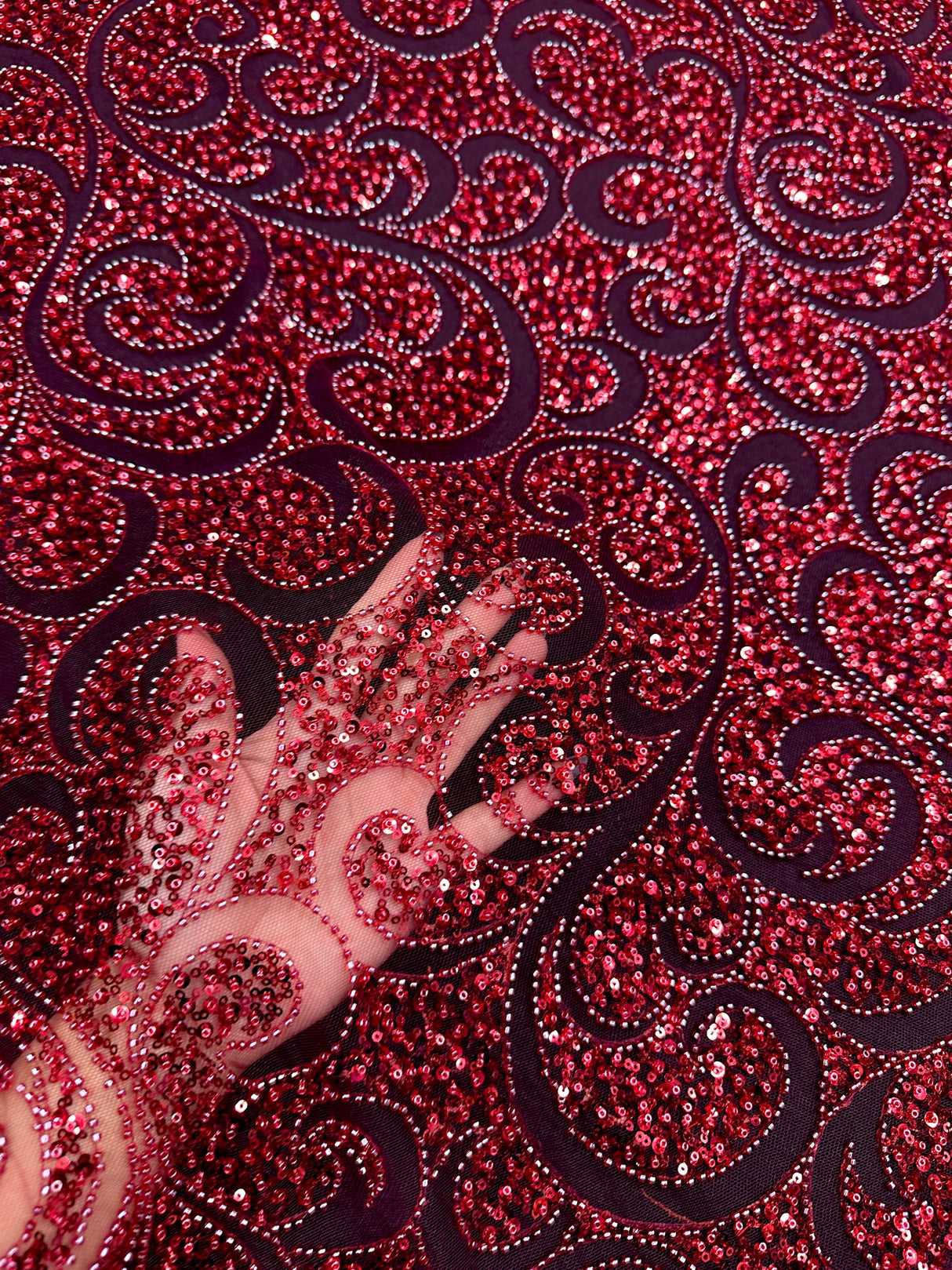 Stretch Sequin Beaded Scroll Lace Mesh