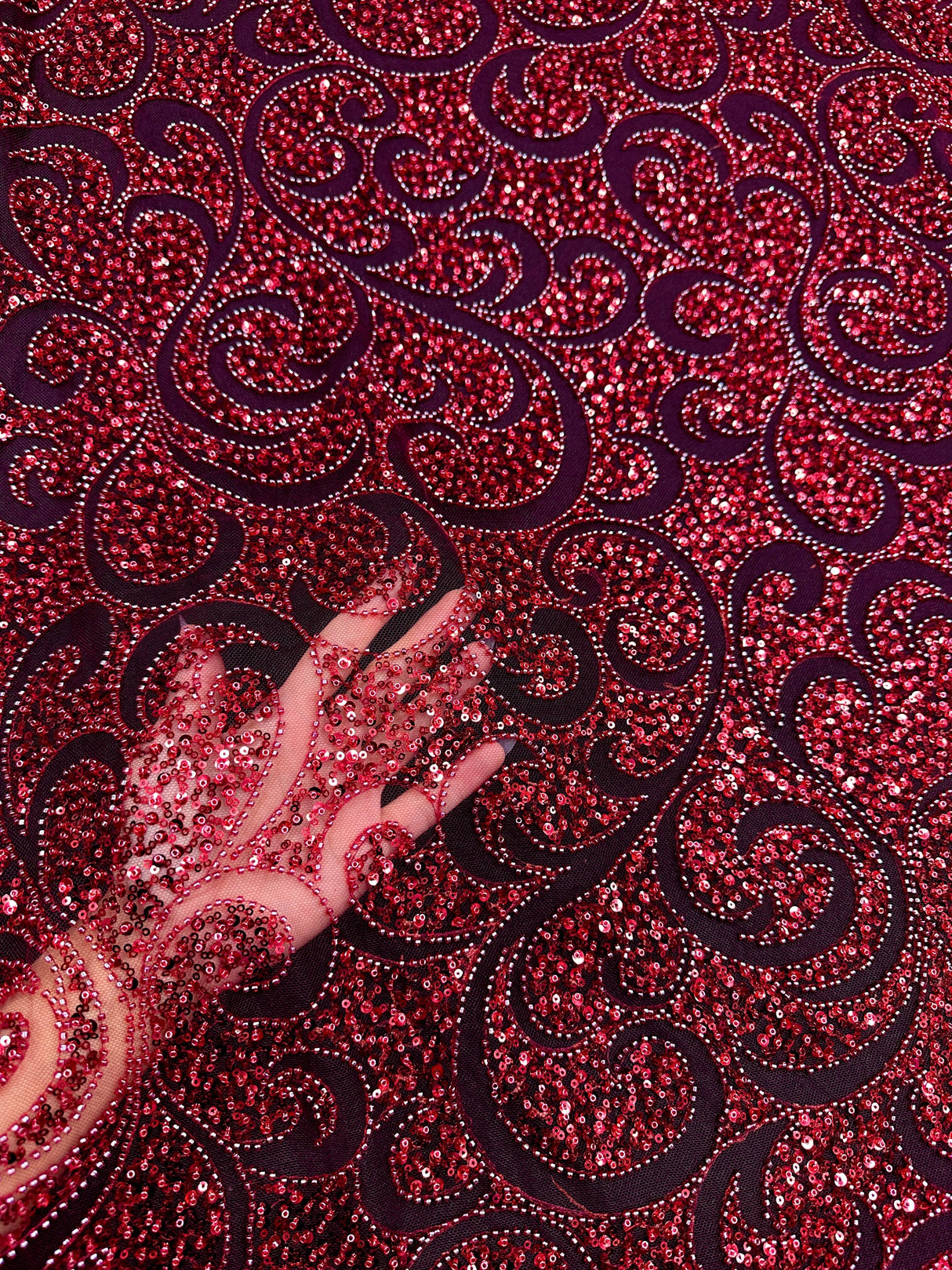Stretch Sequin Beaded Scroll Lace Mesh