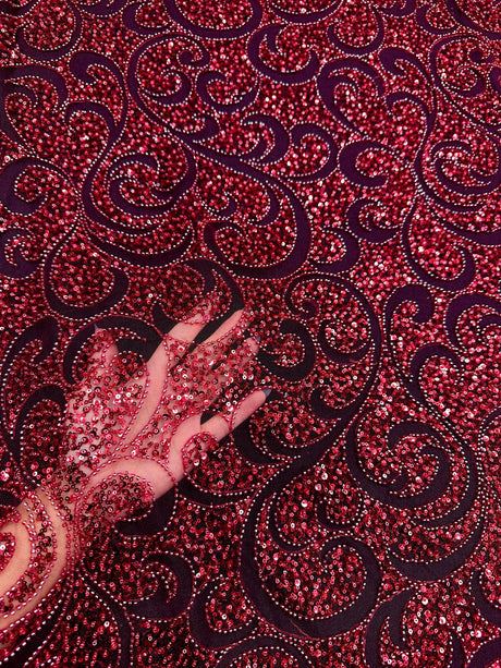 Stretch Sequin Beaded Scroll Lace Mesh