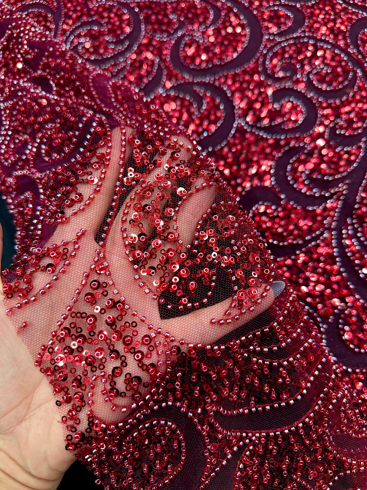 Stretch Sequin Beaded Scroll Lace Mesh