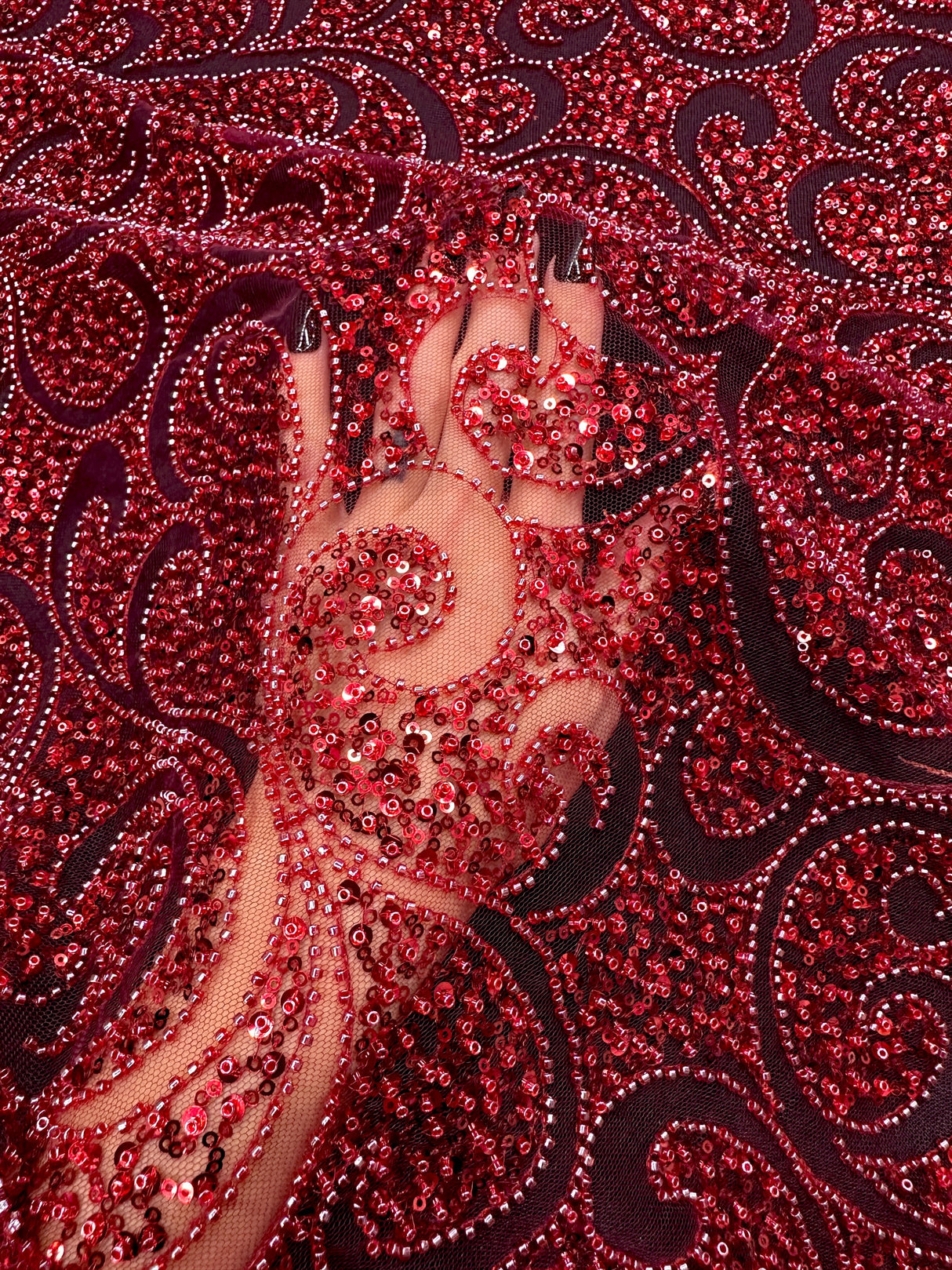 Stretch Sequin Beaded Scroll Lace Mesh