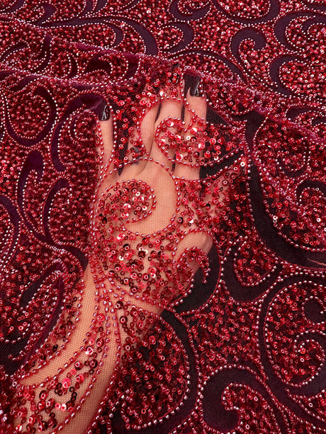 Stretch Sequin Beaded Scroll Lace Mesh