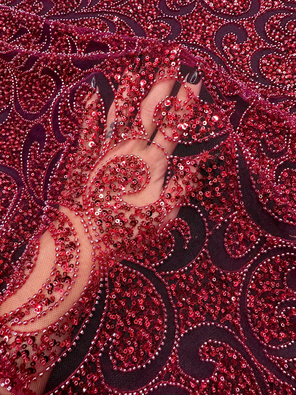 Stretch Sequin Beaded Scroll Lace Mesh