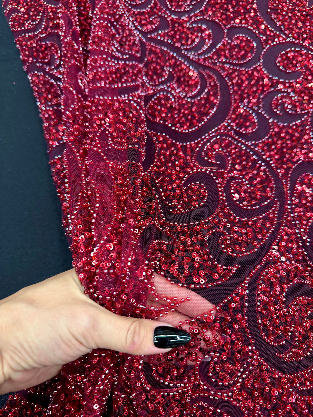 Stretch Sequin Beaded Scroll Lace Mesh