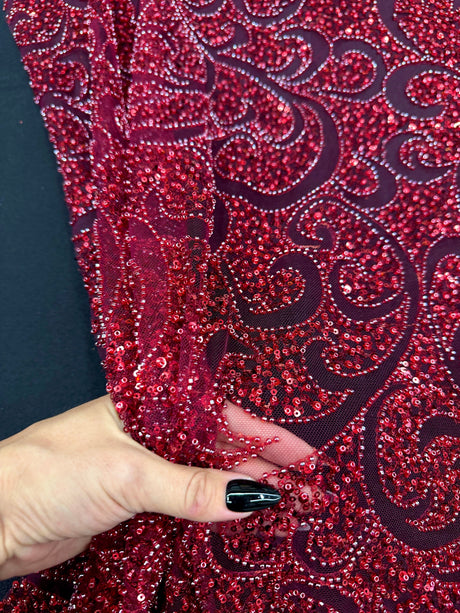 Stretch Sequin Beaded Scroll Lace Mesh