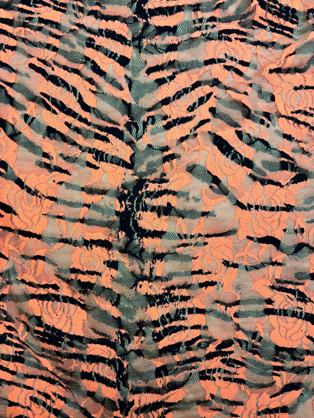Tiger Printed Stretch Lace Fabric - Orange Tiger Print, 4-Way Stretch (1 Yard)