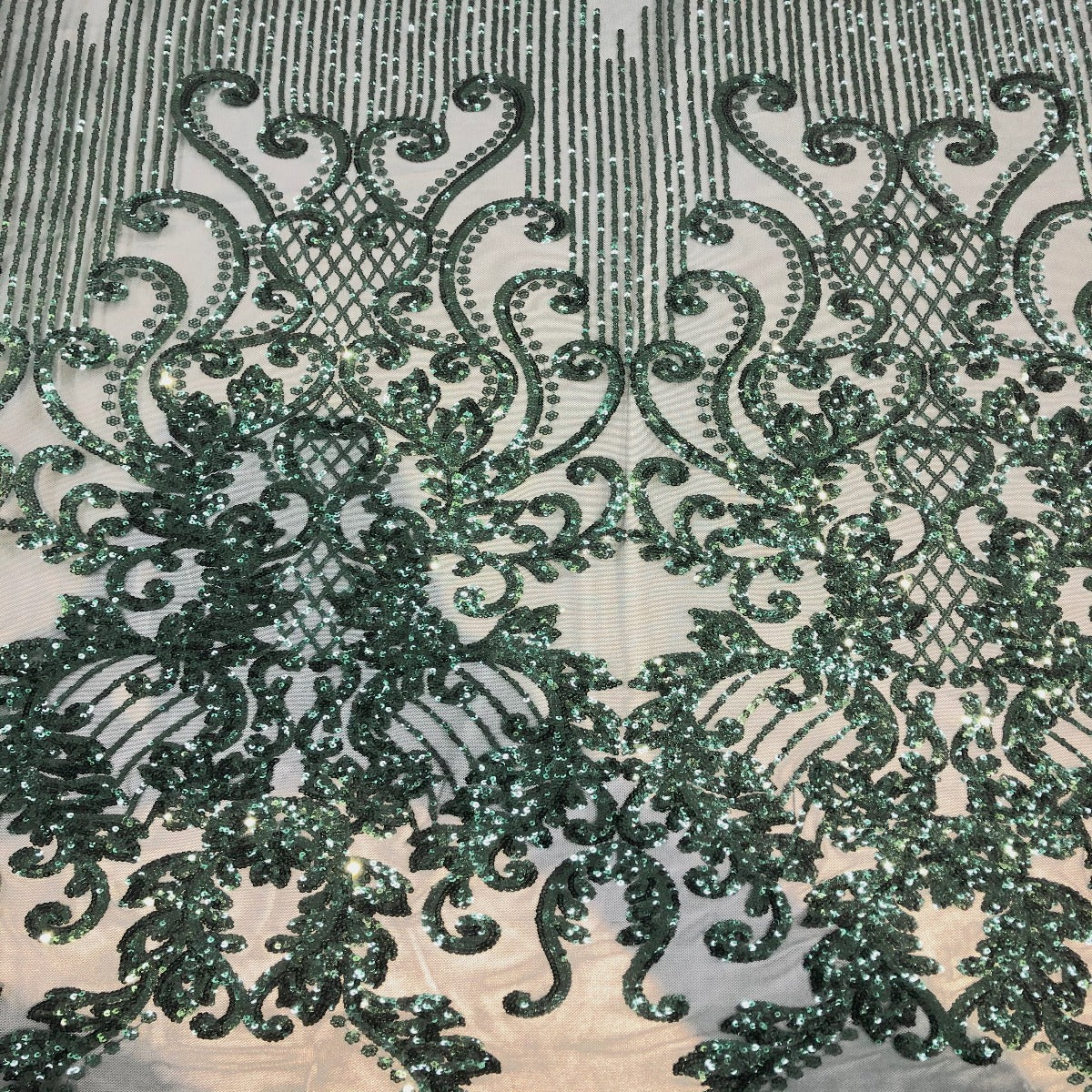 Alta Striped Damask Stretch Sequins Nylon Spandex Mesh Fabric - Pearl Blue Iridescent, Striped Damask, 60" Width (1 Yard)
