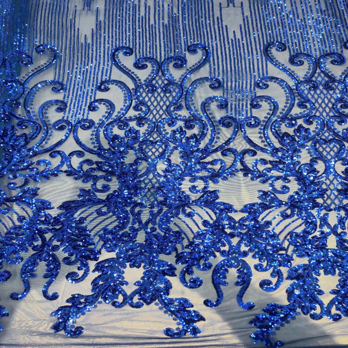 Alta Striped Damask Stretch Sequins Nylon Spandex Mesh Fabric - Pearl Blue Iridescent, Striped Damask, 60" Width (1 Yard)