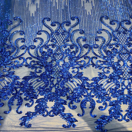 Alta Striped Damask Stretch Sequins Nylon Spandex Mesh Fabric - Pearl Blue Iridescent, Striped Damask, 60" Width (1 Yard)