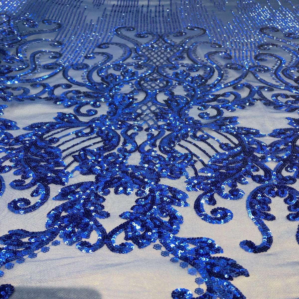 Alta Striped Damask Stretch Sequins Nylon Spandex Mesh Fabric - Pearl Blue Iridescent, Striped Damask, 60" Width (1 Yard)