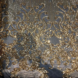 Alta Striped Damask Stretch Sequins Nylon Spandex Mesh Fabric - Pearl Blue Iridescent, Striped Damask, 60" Width (1 Yard)