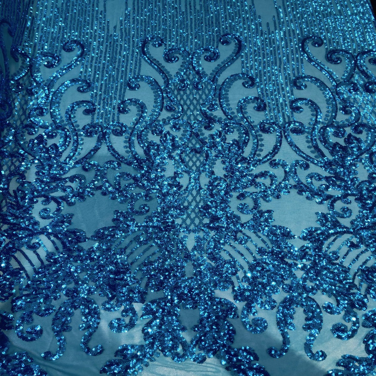 Alta Striped Damask Stretch Sequins Nylon Spandex Mesh Fabric - Pearl Blue Iridescent, Striped Damask, 60" Width (1 Yard)