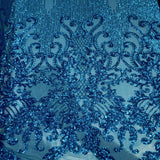 Alta Striped Damask Stretch Sequins Nylon Spandex Mesh Fabric - Pearl Blue Iridescent, Striped Damask, 60" Width (1 Yard)