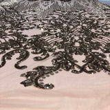 Alta Striped Damask Stretch Sequins Nylon Spandex Mesh Fabric - Pearl Blue Iridescent, Striped Damask, 60" Width (1 Yard)