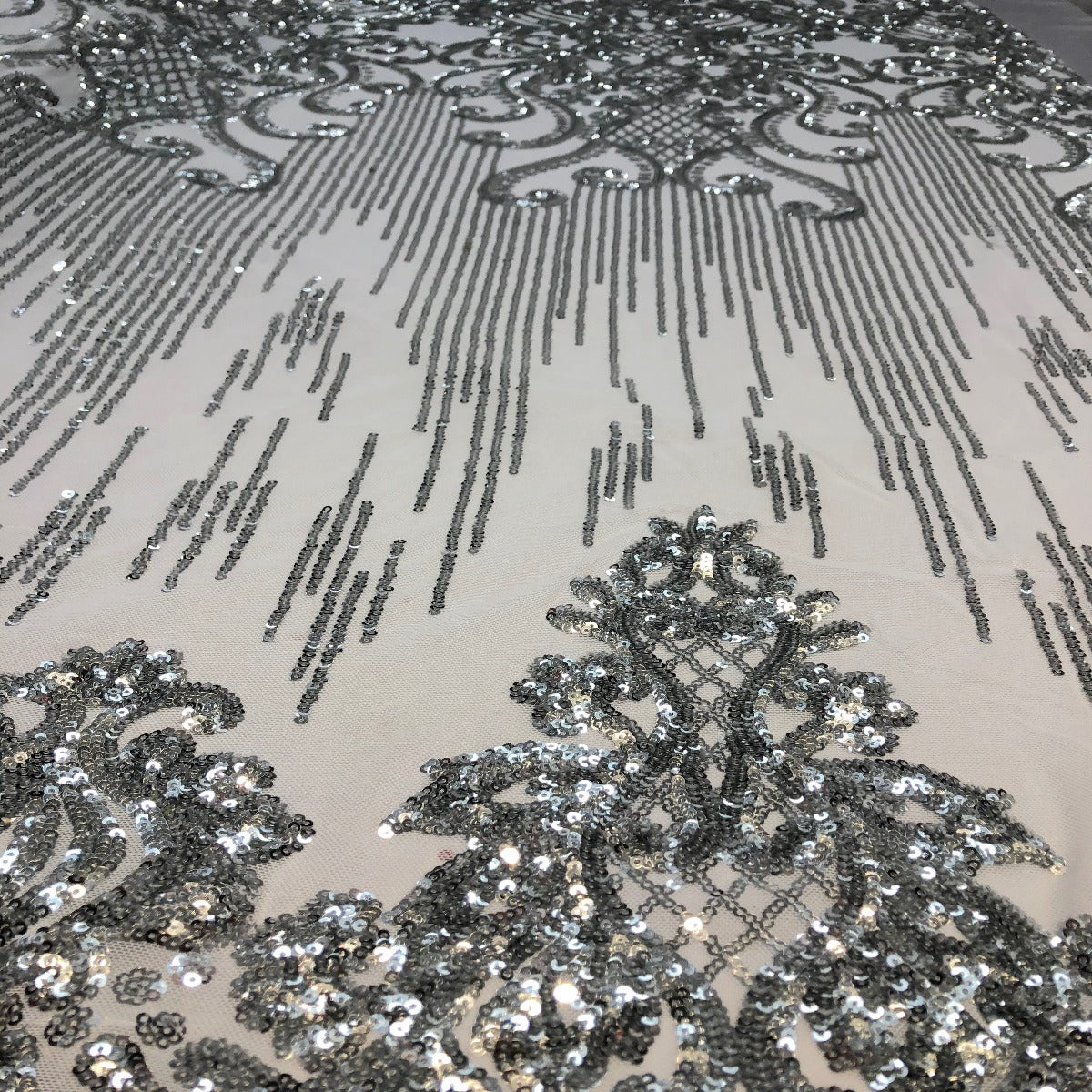 Alta Striped Damask Stretch Sequins Nylon Spandex Mesh Fabric - Pearl Blue Iridescent, Striped Damask, 60" Width (1 Yard)