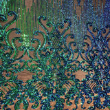 Alta Striped Damask Stretch Sequins Nylon Spandex Mesh Fabric - Pearl Blue Iridescent, Striped Damask, 60" Width (1 Yard)