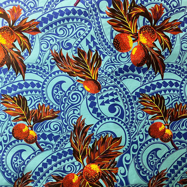 Longan Traditional Tattoo Background Poly Cotton Fabric - Aquamarine & Blue, 45" Width (1 Yard)