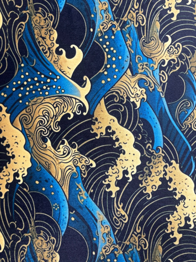 Golden Waves Printed Velvet Fabric - Gold Waves Print, 54" Width (1 Yard)