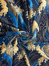 Golden Waves Printed Velvet Fabric - Gold Waves Print, 54" Width (1 Yard)