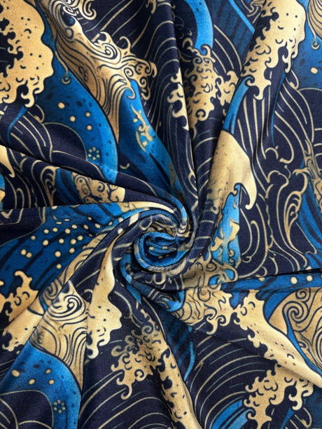Golden Waves Printed Velvet Fabric - Gold Waves Print, 54" Width (1 Yard)