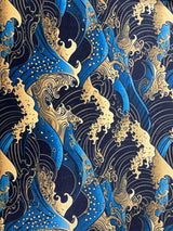 Golden Waves Printed Velvet Fabric - Gold Waves Print, 54" Width (1 Yard)