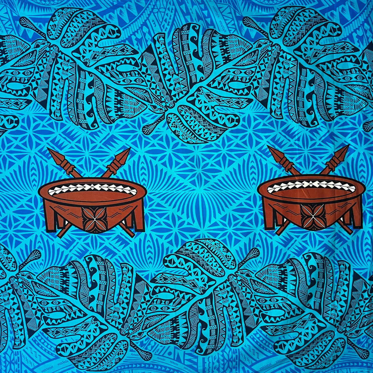 Monstera Double Border Cotton Fabric - Traditional Tongan Motifs, 36" X 45" (1 Yard)