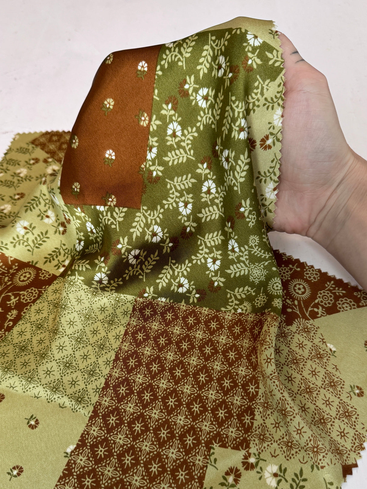 Printed Satin Green Patchwork Floral