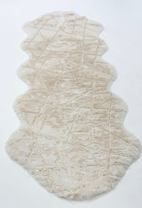 White With Golden Metallic Lines Faux Rabbit Touch Rug - White Lines, Faux Fur Rug (7'6" X 10'3")