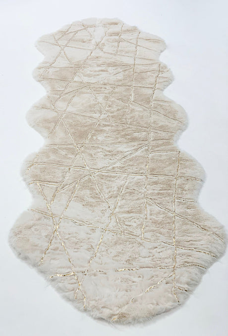 White With Golden Metallic Lines Faux Rabbit Touch Rug - White Lines, Faux Fur Rug (7'6" X 10'3")