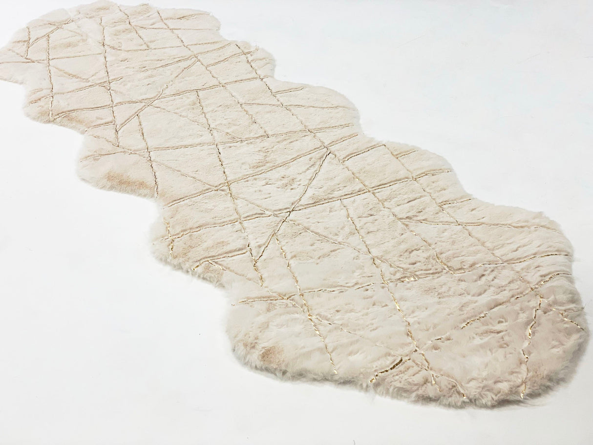 White With Golden Metallic Lines Faux Rabbit Touch Rug - White Lines, Faux Fur Rug (7'6" X 10'3")
