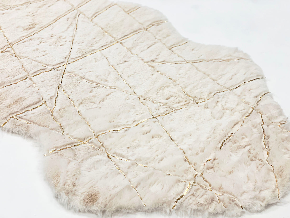 White With Golden Metallic Lines Faux Rabbit Touch Rug - White Lines, Faux Fur Rug (7'6" X 10'3")