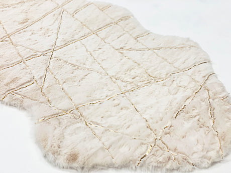 White With Golden Metallic Lines Faux Rabbit Touch Rug - White Lines, Faux Fur Rug (7'6" X 10'3")
