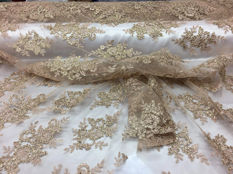 Sequin Lace Fabric With Embroideries On Mesh - 100 Percent Polyester Fabric, Double Scalloped Floral Lace, 51" Width (1 Yard)