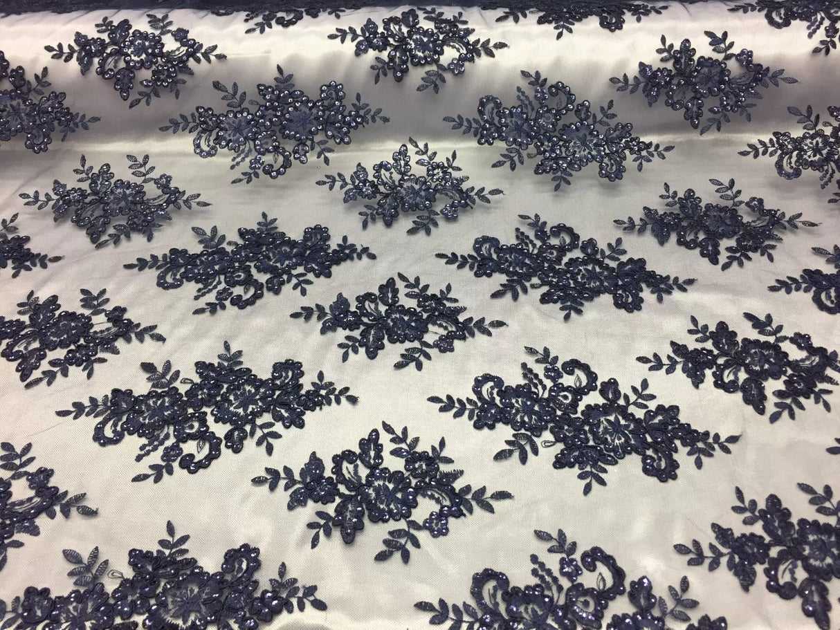 Sequin Lace Fabric With Embroideries On Mesh - 100 Percent Polyester Fabric, Double Scalloped Floral Lace, 51" Width (1 Yard)