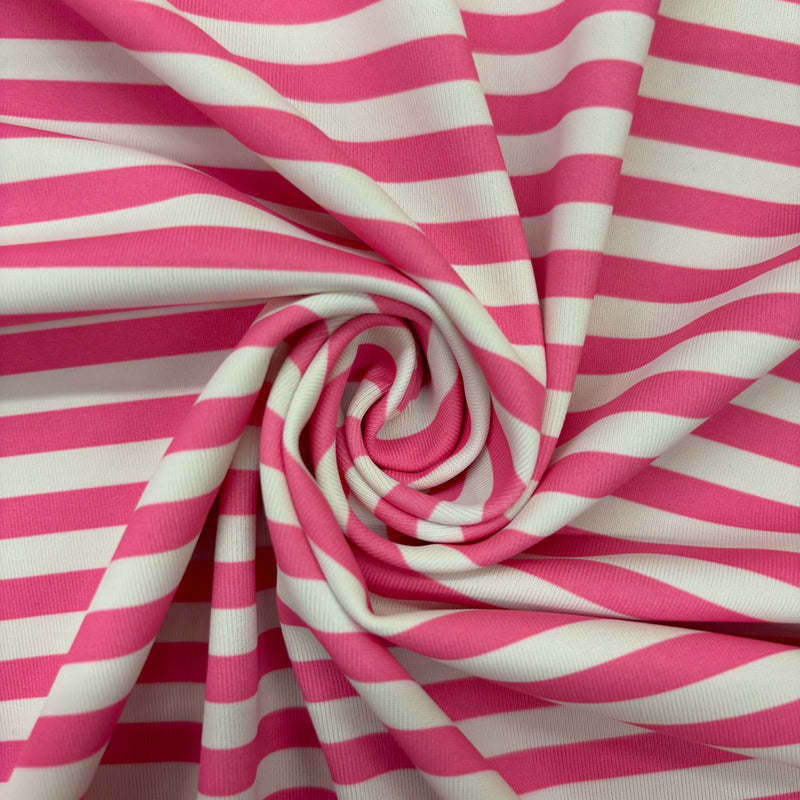Pink Quarter Inch Striped Polyester Spandex Fabric - White And Pink Quarter Inch Stripes, 58"/60" Width (1 Yard)