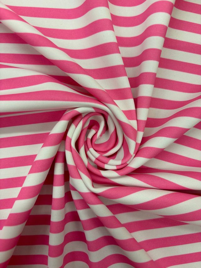 Pink Quarter Inch Striped Polyester Spandex Fabric - White And Pink Quarter Inch Stripes, 58"/60" Width (1 Yard)