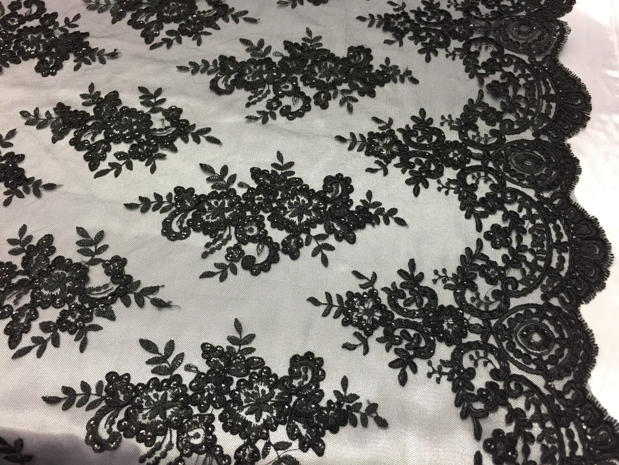 Sequin Lace Fabric With Embroideries On Mesh - 100 Percent Polyester Fabric, Double Scalloped Floral Lace, 51" Width (1 Yard)
