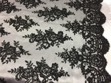 Sequin Lace Fabric With Embroideries On Mesh - 100 Percent Polyester Fabric, Double Scalloped Floral Lace, 51" Width (1 Yard)