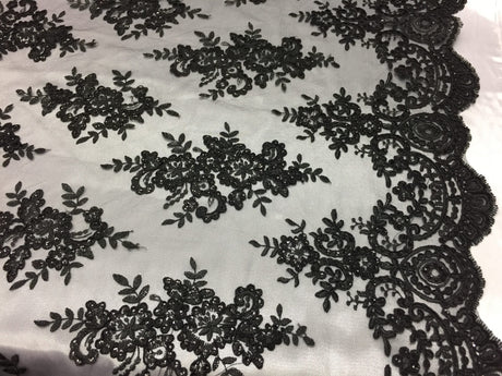 Sequin Lace Fabric With Embroideries On Mesh - 100 Percent Polyester Fabric, Double Scalloped Floral Lace, 51" Width (1 Yard)