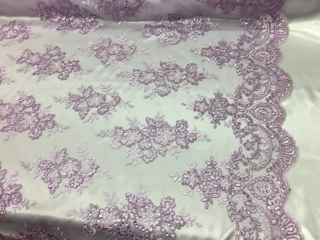 Sequin Lace Fabric With Embroideries On Mesh - 100 Percent Polyester Fabric, Double Scalloped Floral Lace, 51" Width (1 Yard)