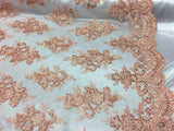 Sequin Lace Fabric With Embroideries On Mesh - 100 Percent Polyester Fabric, Double Scalloped Floral Lace, 51" Width (1 Yard)