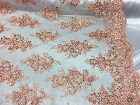 Sequin Lace Fabric With Embroideries On Mesh - 100 Percent Polyester Fabric, Double Scalloped Floral Lace, 51" Width (1 Yard)