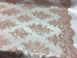 Sequin Lace Fabric With Embroideries On Mesh - 100 Percent Polyester Fabric, Double Scalloped Floral Lace, 51" Width (1 Yard)