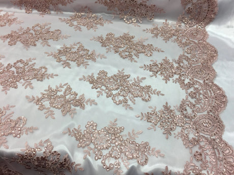 Sequin Lace Fabric With Embroideries On Mesh - 100 Percent Polyester Fabric, Double Scalloped Floral Lace, 51" Width (1 Yard)