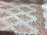 Sequin Lace Fabric With Embroideries On Mesh - 100 Percent Polyester Fabric, Double Scalloped Floral Lace, 51" Width (1 Yard)