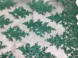 Sequin Lace Fabric With Embroideries On Mesh - 100 Percent Polyester Fabric, Double Scalloped Floral Lace, 51" Width (1 Yard)