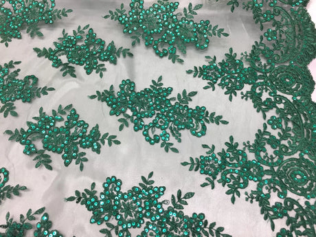 Sequin Lace Fabric With Embroideries On Mesh - 100 Percent Polyester Fabric, Double Scalloped Floral Lace, 51" Width (1 Yard)
