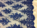 Sequin Lace Fabric With Embroideries On Mesh - 100 Percent Polyester Fabric, Double Scalloped Floral Lace, 51" Width (1 Yard)