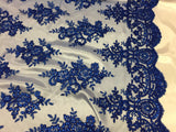 Sequin Lace Fabric With Embroideries On Mesh - 100 Percent Polyester Fabric, Double Scalloped Floral Lace, 51" Width (1 Yard)